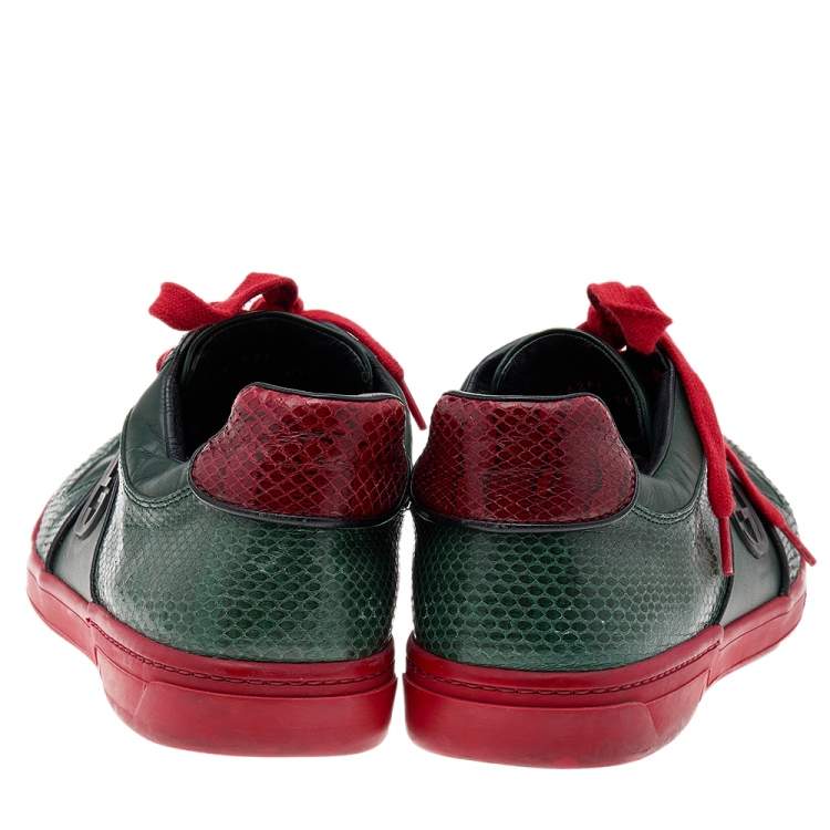 Pre Owned Gucci Green/Red Python And Leather GG Low Top Sneakers Size 44.5
