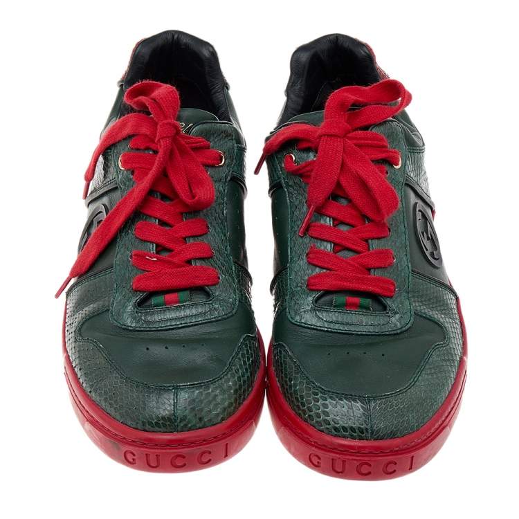 Pre Owned Gucci Green/Red Python And Leather GG Low Top Sneakers Size 44.5