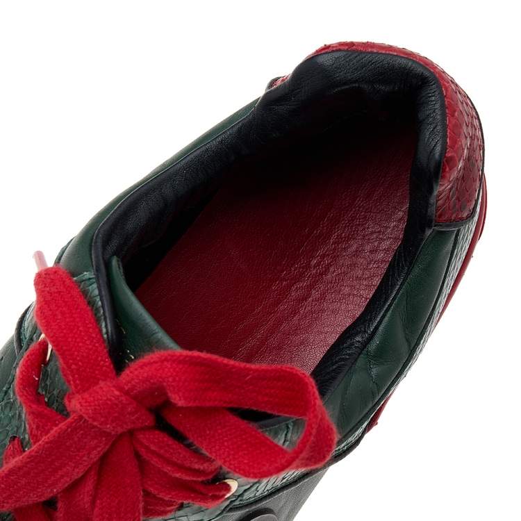 Pre Owned Gucci Green/Red Python And Leather GG Low Top Sneakers Size 44.5