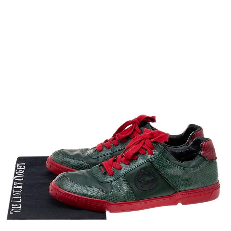 Pre Owned Gucci Green/Red Python And Leather GG Low Top Sneakers Size 44.5