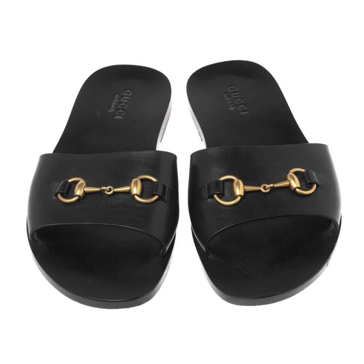 Pre Owned  Gucci Black Leather Horesebit Accent Flat Slippers Size 43