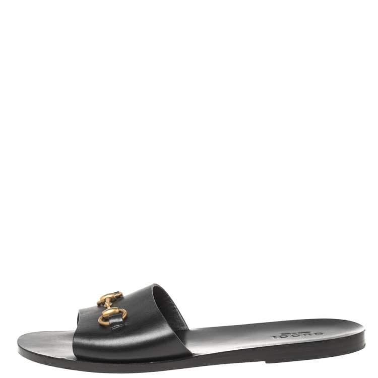 Minst Aannemelijk Langwerpig Gucci Black Leather Horesebit Accent Flat Slippers Size 43 Gucci | TLC