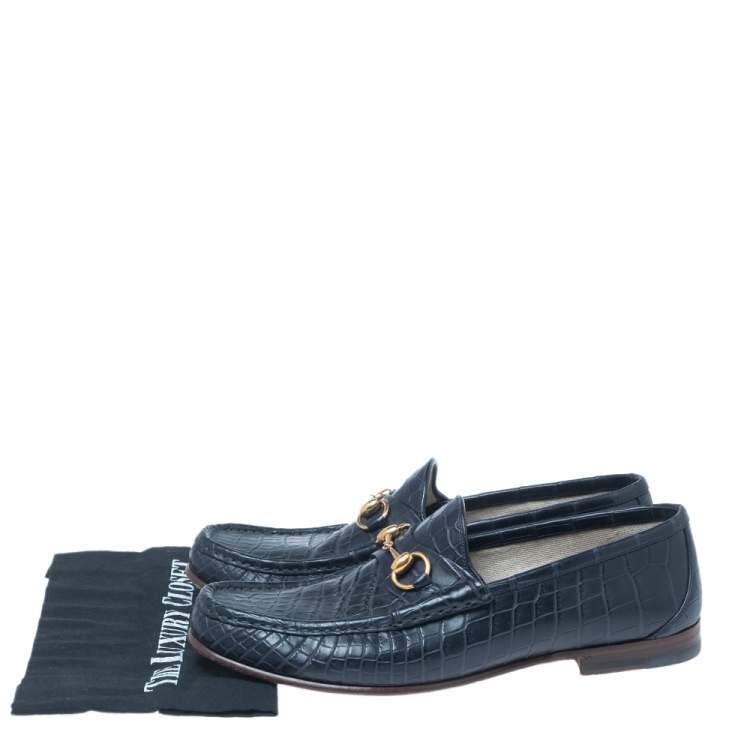 Pre Owned Gucci Navy Blue Croc Leather Horsebit Loafers Size 43.5