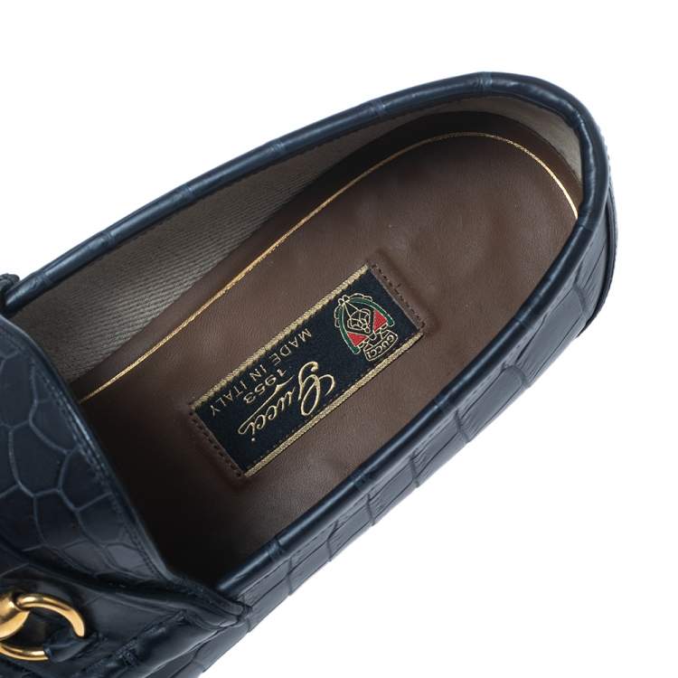 Pre Owned Gucci Navy Blue Croc Leather Horsebit Loafers Size 43.5