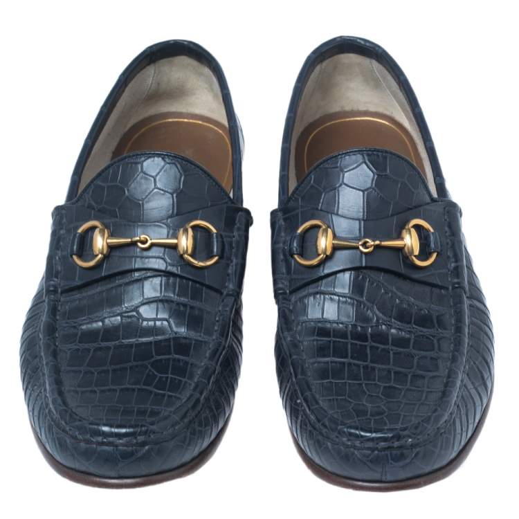 Pre Owned Gucci Navy Blue Croc Leather Horsebit Loafers Size 43.5