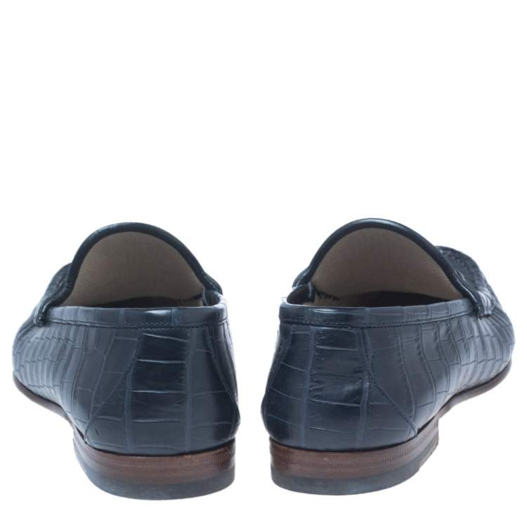 Pre Owned Gucci Navy Blue Croc Leather Horsebit Loafers Size 43.5