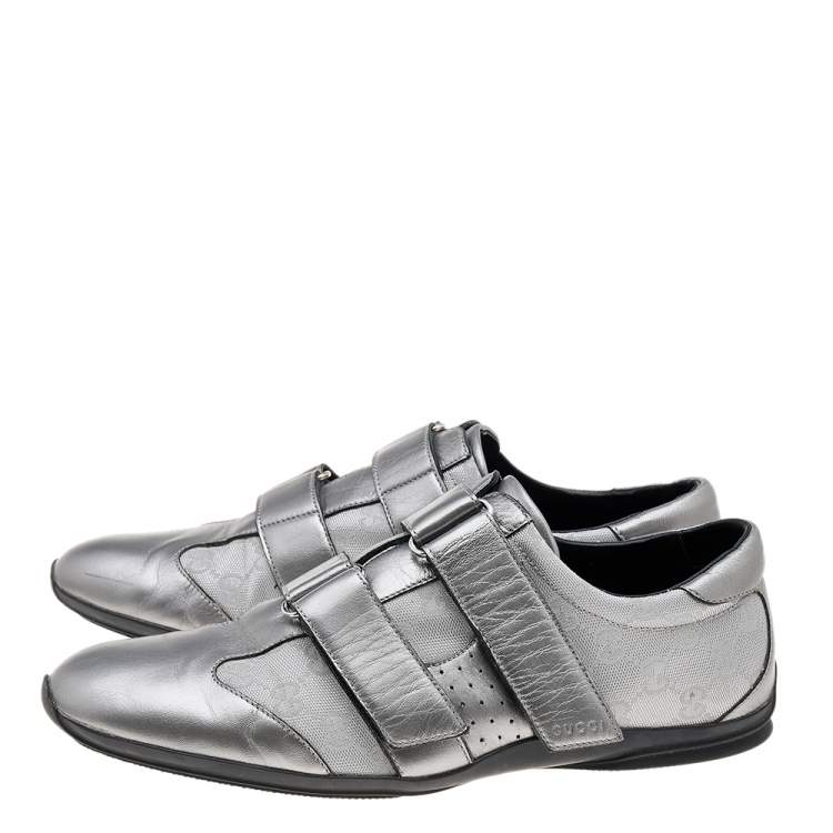 Pre Owned Gucci Silver GG Canvas and Leather Velcro Sneakers Size 42.5