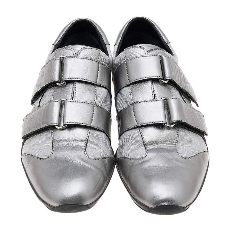 Pre Owned Gucci Silver GG Canvas and Leather Velcro Sneakers Size 42.5