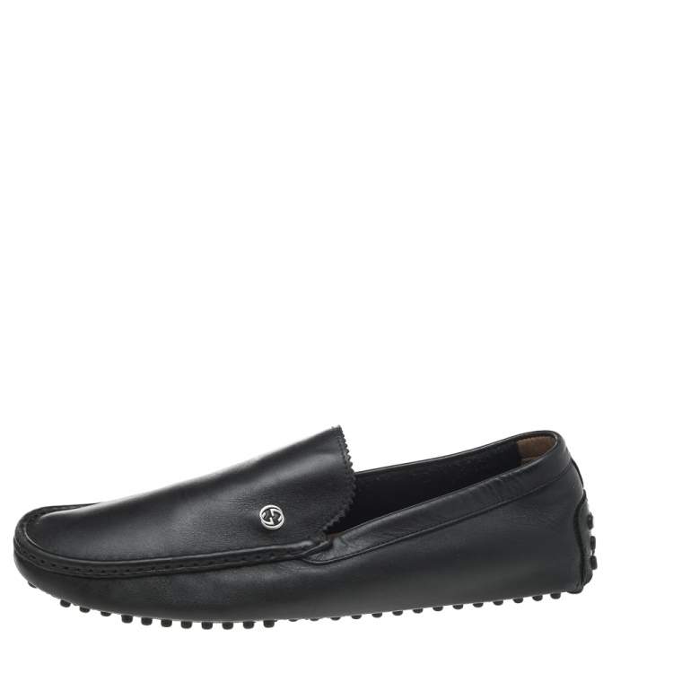 Pre Owned Gucci Black Leather Interlocking G Slip On Loafers Size 43