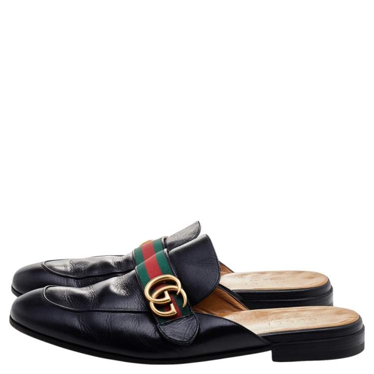 Pre Owned Gucci Black Leather GG Web Princetown Slide Mules Size 43