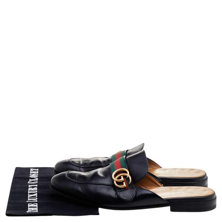 Pre Owned Gucci Black Leather GG Web Princetown Slide Mules Size 43