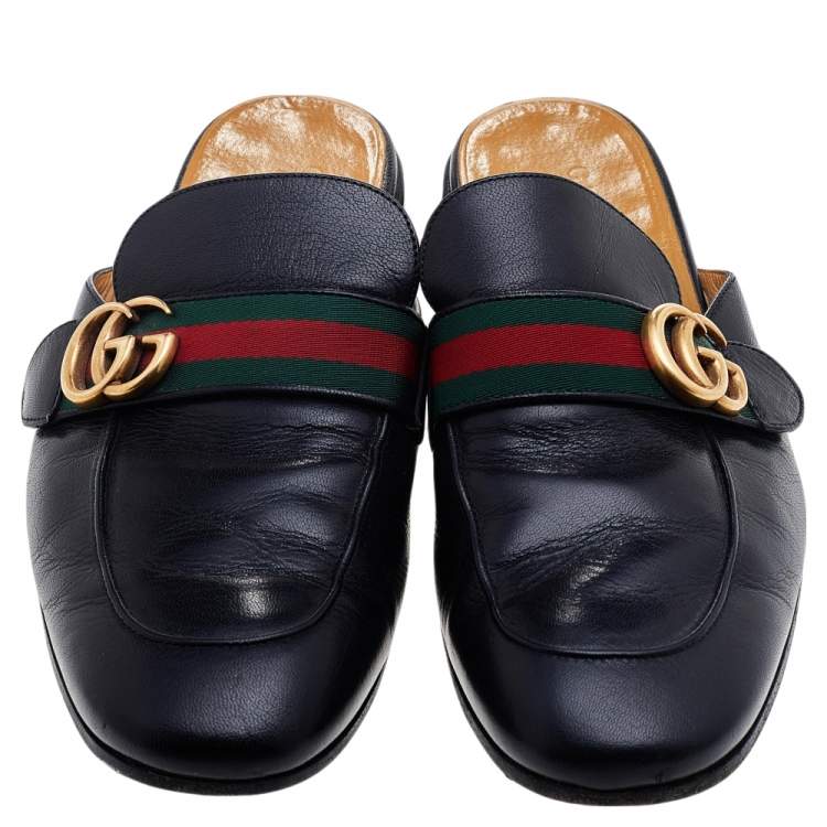 Pre Owned Gucci Black Leather GG Web Princetown Slide Mules Size 43