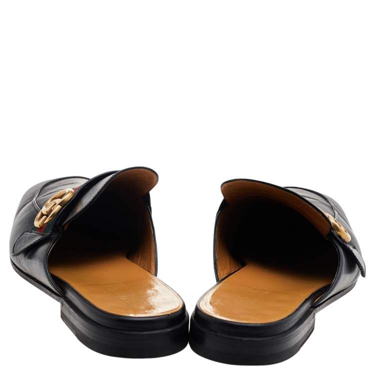 Pre Owned Gucci Black Leather GG Web Princetown Slide Mules Size 43