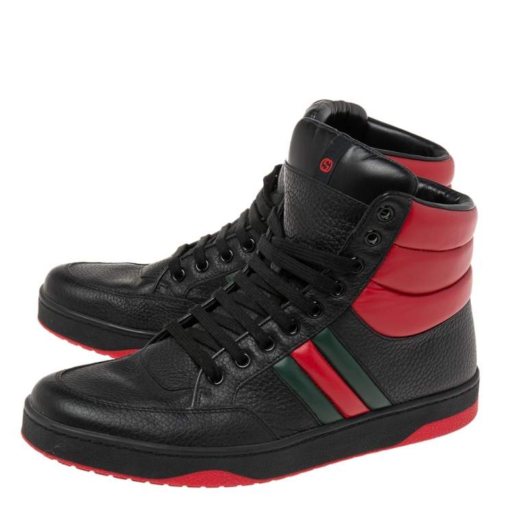 Pre Owned Gucci Black/Red Leather New Praga Karibu High Top Sneakers Size 41.5