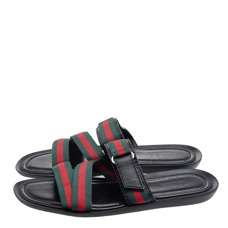 Pre Owned Gucci Black Leather And Web Tape Detail Slide Flat Sandals Size 42