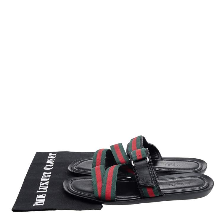 Pre Owned Gucci Black Leather And Web Tape Detail Slide Flat Sandals Size 42