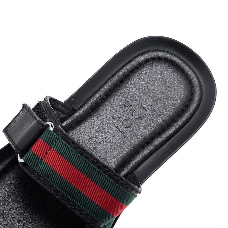 Pre Owned Gucci Black Leather And Web Tape Detail Slide Flat Sandals Size 42