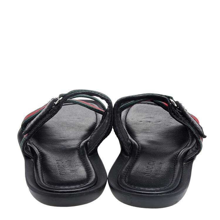 Pre Owned Gucci Black Leather And Web Tape Detail Slide Flat Sandals Size 42