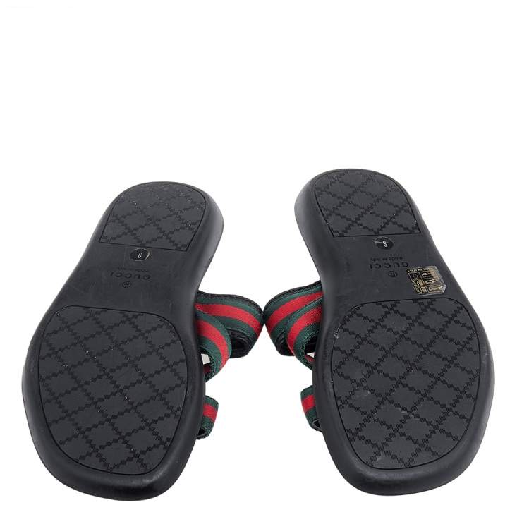 Pre Owned Gucci Black Leather And Web Tape Detail Slide Flat Sandals Size 42