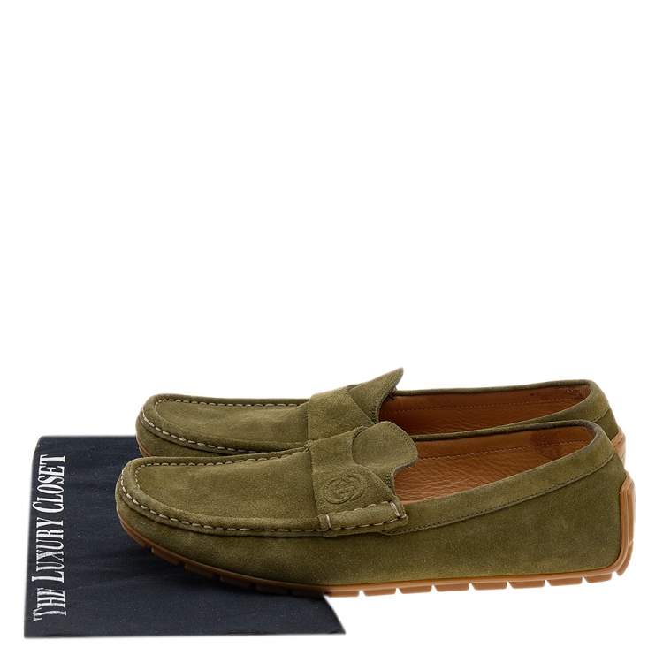 Pre Owned Gucci Green Suede GG Slip On Driving Loafers Size 43