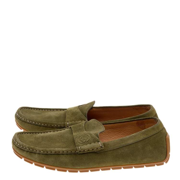 Pre Owned Gucci Green Suede GG Slip On Driving Loafers Size 43