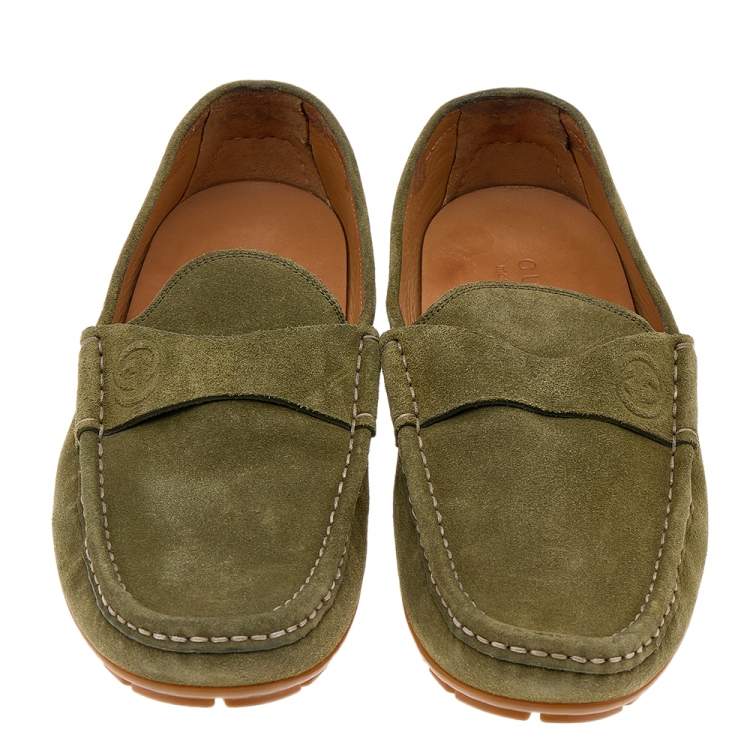 Pre Owned Gucci Green Suede GG Slip On Driving Loafers Size 43