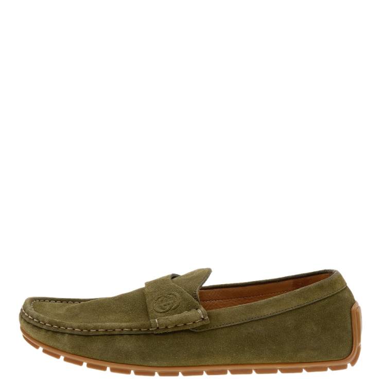 Pre Owned Gucci Green Suede GG Slip On Driving Loafers Size 43