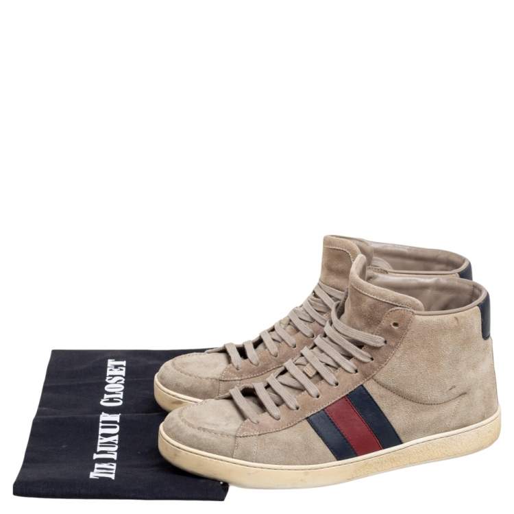 مملوكة مسبقًا Gucci Grey Suede Web Detail High Top Sneakers Size 41.5