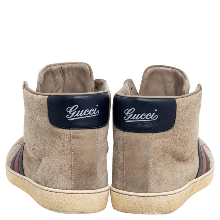 مملوكة مسبقًا Gucci Grey Suede Web Detail High Top Sneakers Size 41.5