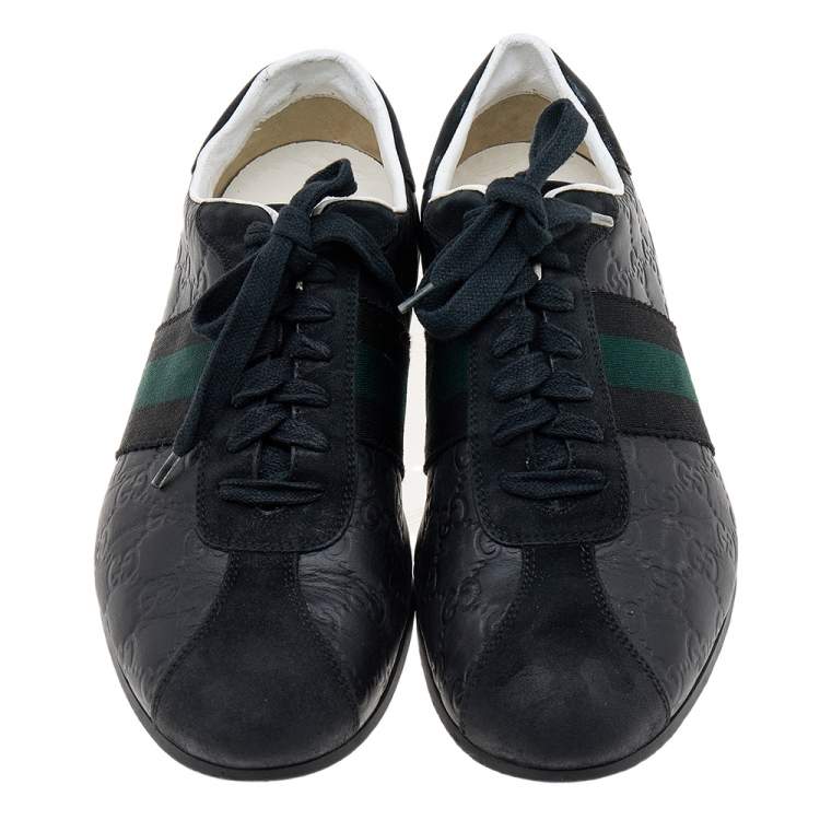 Pre Owned Gucci Black Guccissima Leather And Suede Web Detail Low Top Sneakers Size 42