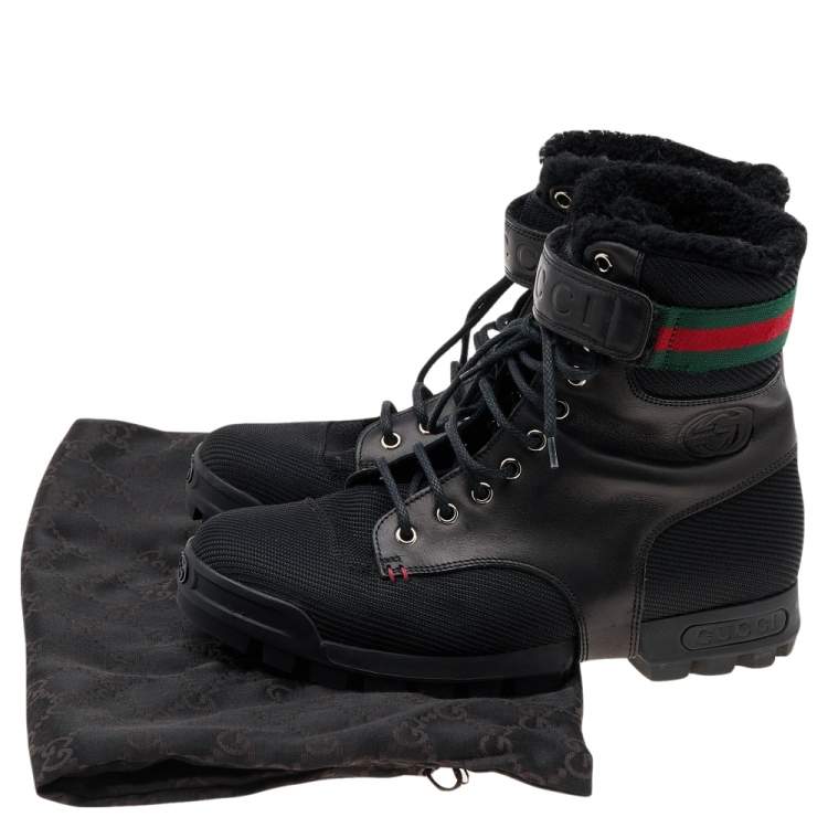 Pre Owned Gucci Black Knit Fabric And Leather Web Detail Ankle Length Boots Size 41