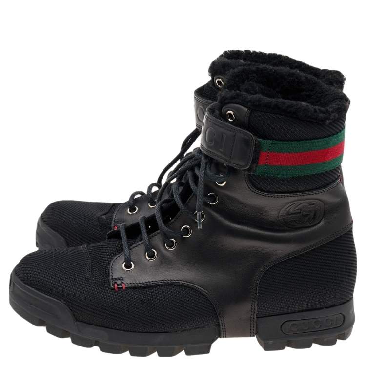 Pre Owned Gucci Black Knit Fabric And Leather Web Detail Ankle Length Boots Size 41