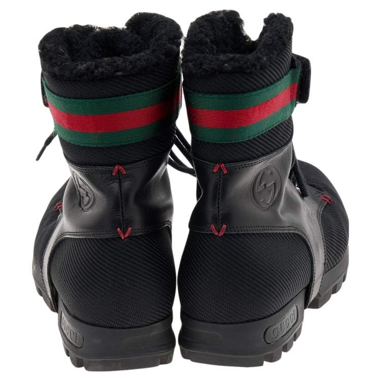 Pre Owned Gucci Black Knit Fabric And Leather Web Detail Ankle Length Boots Size 41