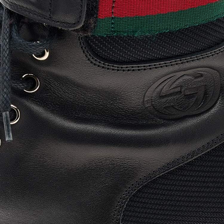 Pre Owned Gucci Black Knit Fabric And Leather Web Detail Ankle Length Boots Size 41