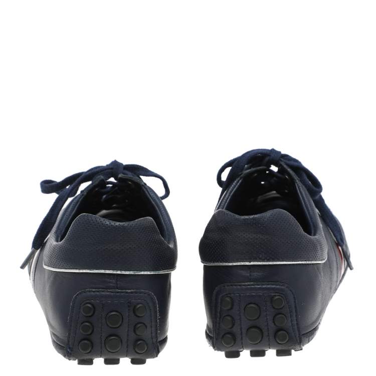 Pre Owned Gucci Navy Blue Leather Web Lace Up Driver Sneakers Size 42