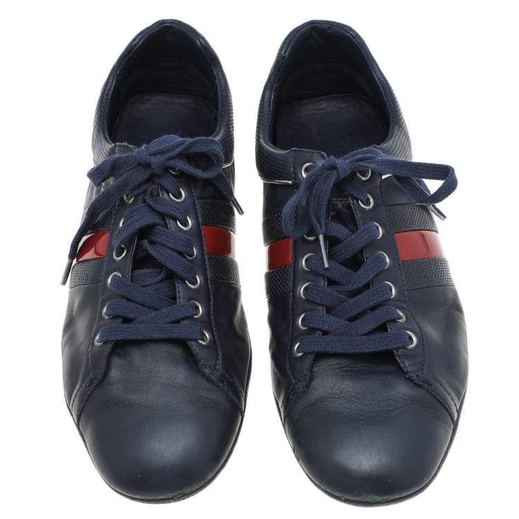 Pre Owned Gucci Navy Blue Leather Web Lace Up Driver Sneakers Size 42