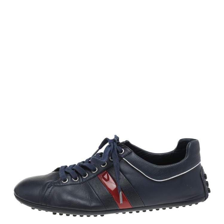 Pre Owned Gucci Navy Blue Leather Web Lace Up Driver Sneakers Size 42