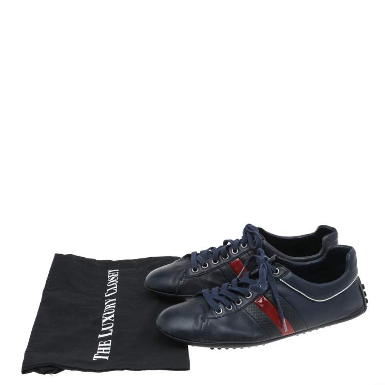 Pre Owned Gucci Navy Blue Leather Web Lace Up Driver Sneakers Size 42