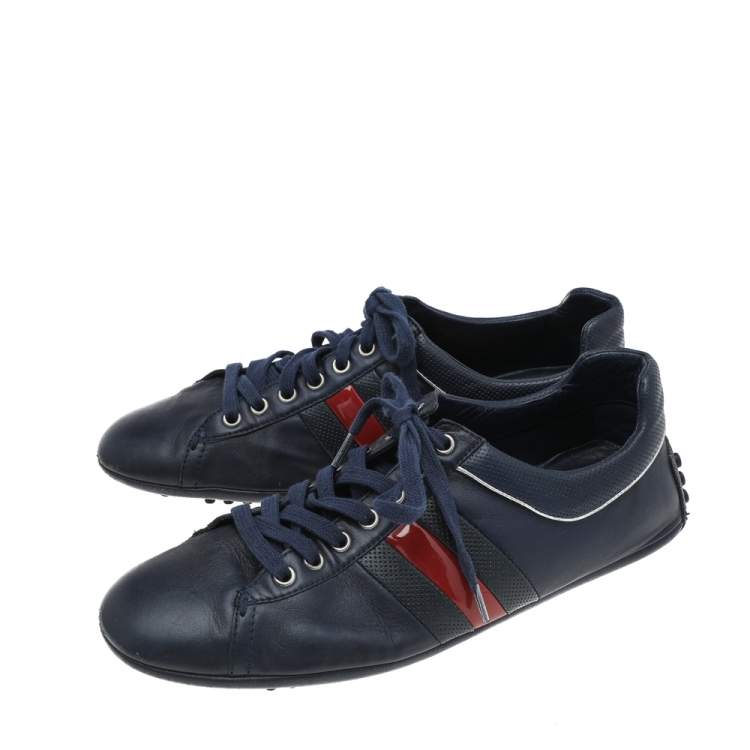 Pre Owned Gucci Navy Blue Leather Web Lace Up Driver Sneakers Size 42
