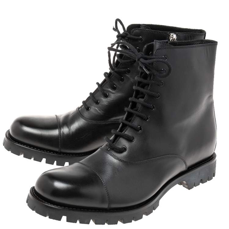 Pre Owned Gucci Black Leather Lace-Up Platform Combat Boots Size 44