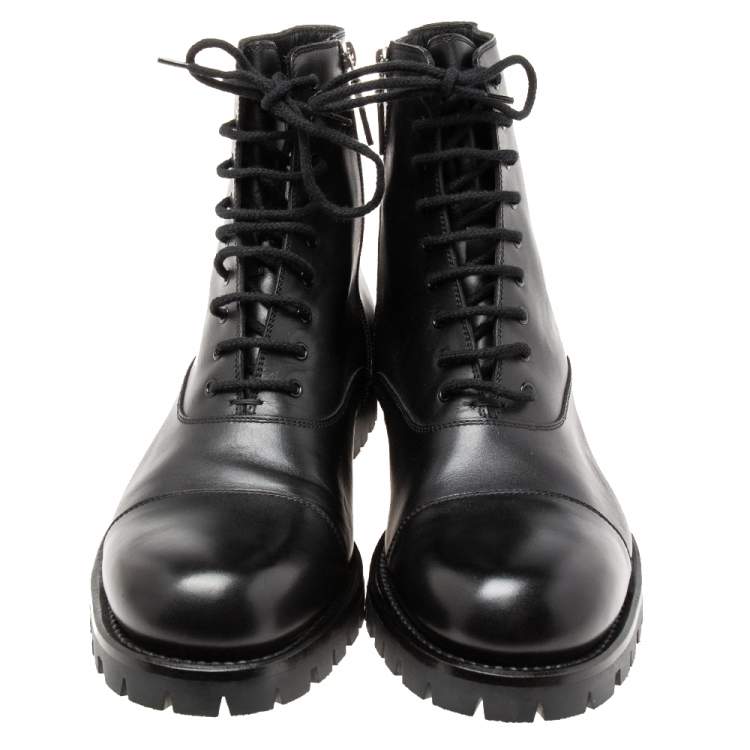 Pre Owned Gucci Black Leather Lace-Up Platform Combat Boots Size 44