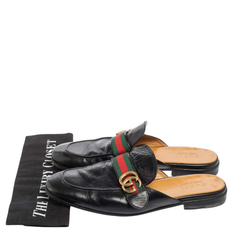Pre Owned Gucci Black Leather Princetown GG Web Flat Mules Size 43