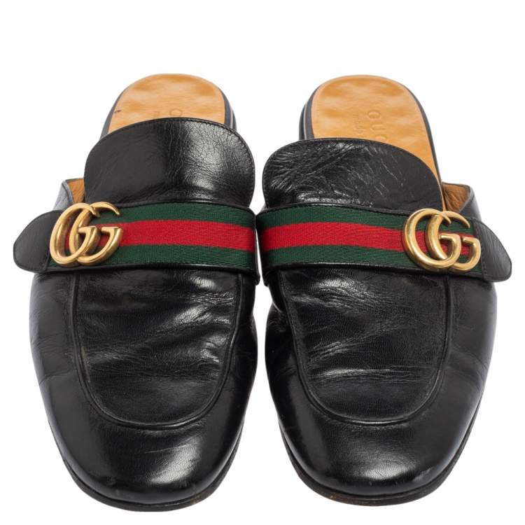 Pre Owned Gucci Black Leather Princetown GG Web Flat Mules Size 43
