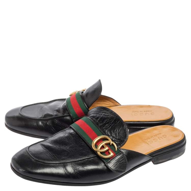 Pre Owned Gucci Black Leather Princetown GG Web Flat Mules Size 43
