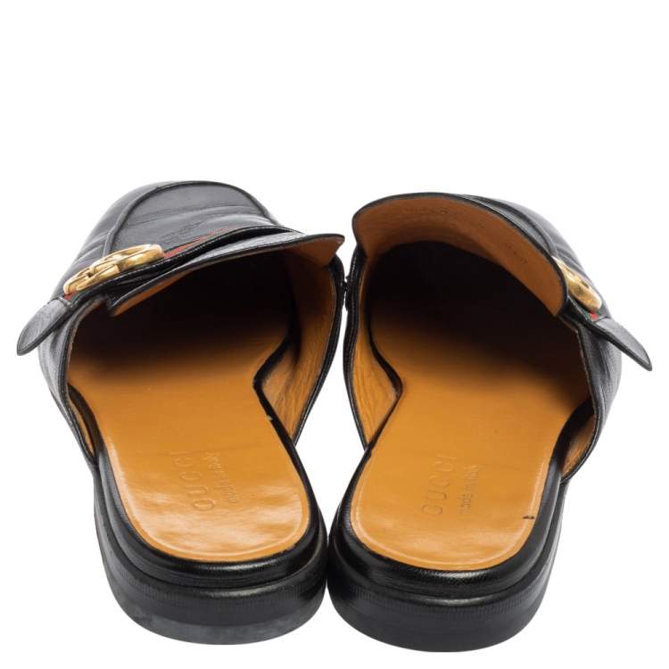Pre Owned Gucci Black Leather Princetown GG Web Flat Mules Size 43