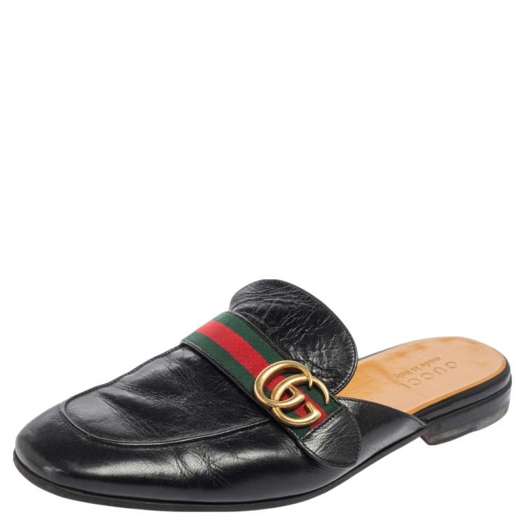 Pre Owned Gucci Black Leather Princetown GG Web Flat Mules Size 43
