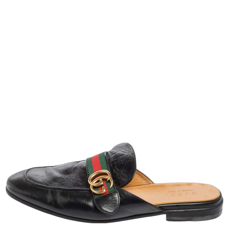 Pre Owned Gucci Black Leather Princetown GG Web Flat Mules Size 43