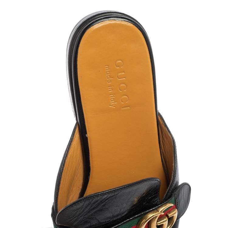 Pre Owned Gucci Black Leather Princetown GG Web Flat Mules Size 43