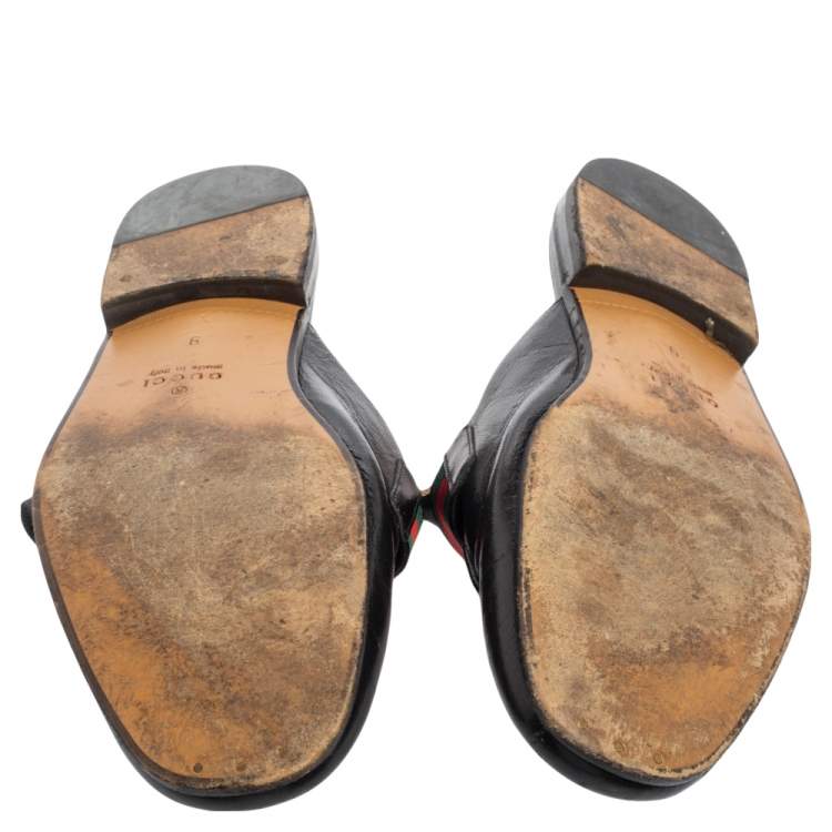 Pre Owned Gucci Black Leather Princetown GG Web Flat Mules Size 43