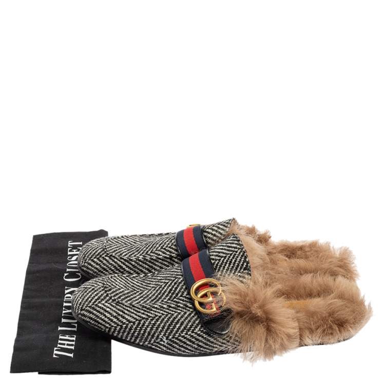 Pre Owned Gucci Black/White Wool Herringbone Fur Web GG Princetown Flat Mules Size 42.5